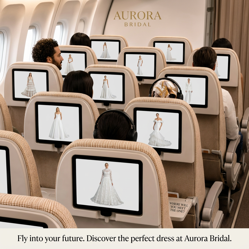 Airplane cabin with passengers and seatback screens each showing a different wedding dress, Aurora Bridal logo