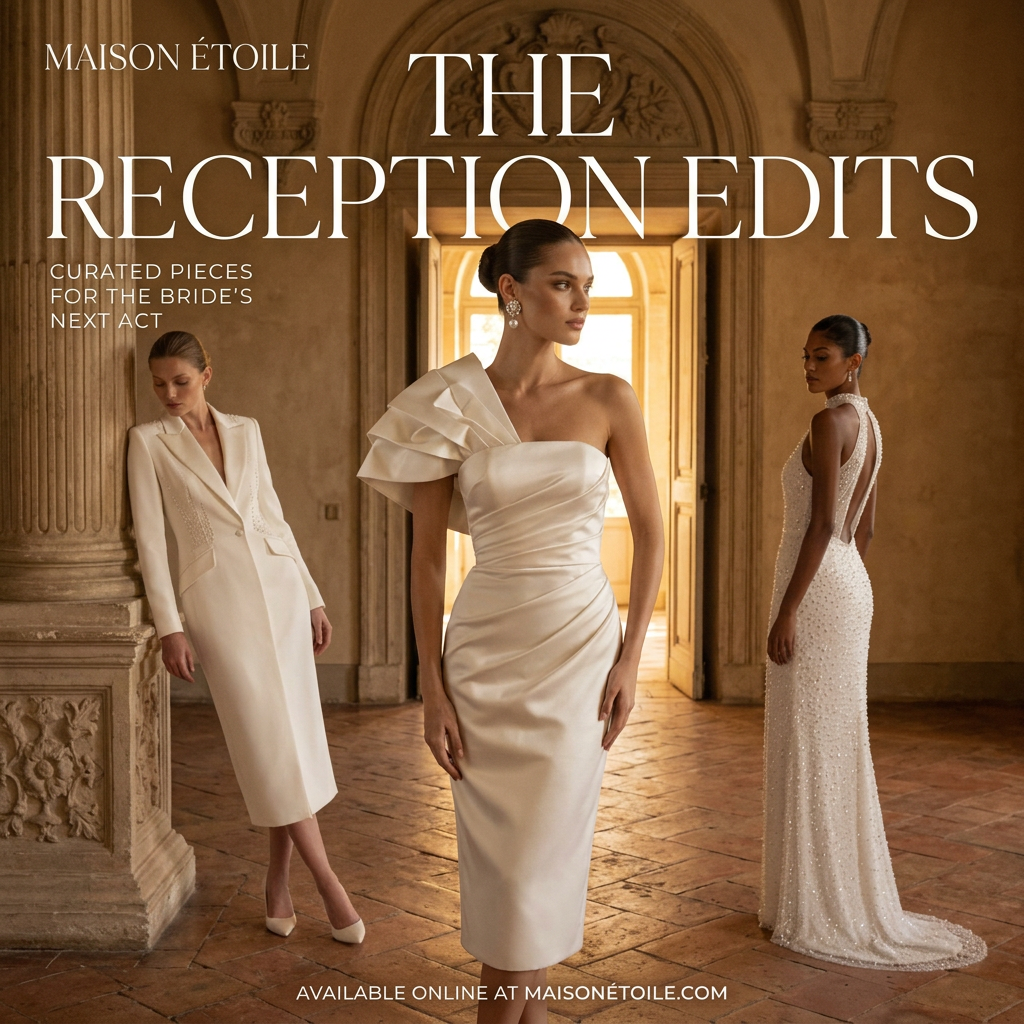 Three models in white blazer dress, one-shoulder satin dress and beaded gown inside a warm, arched palazzo hall