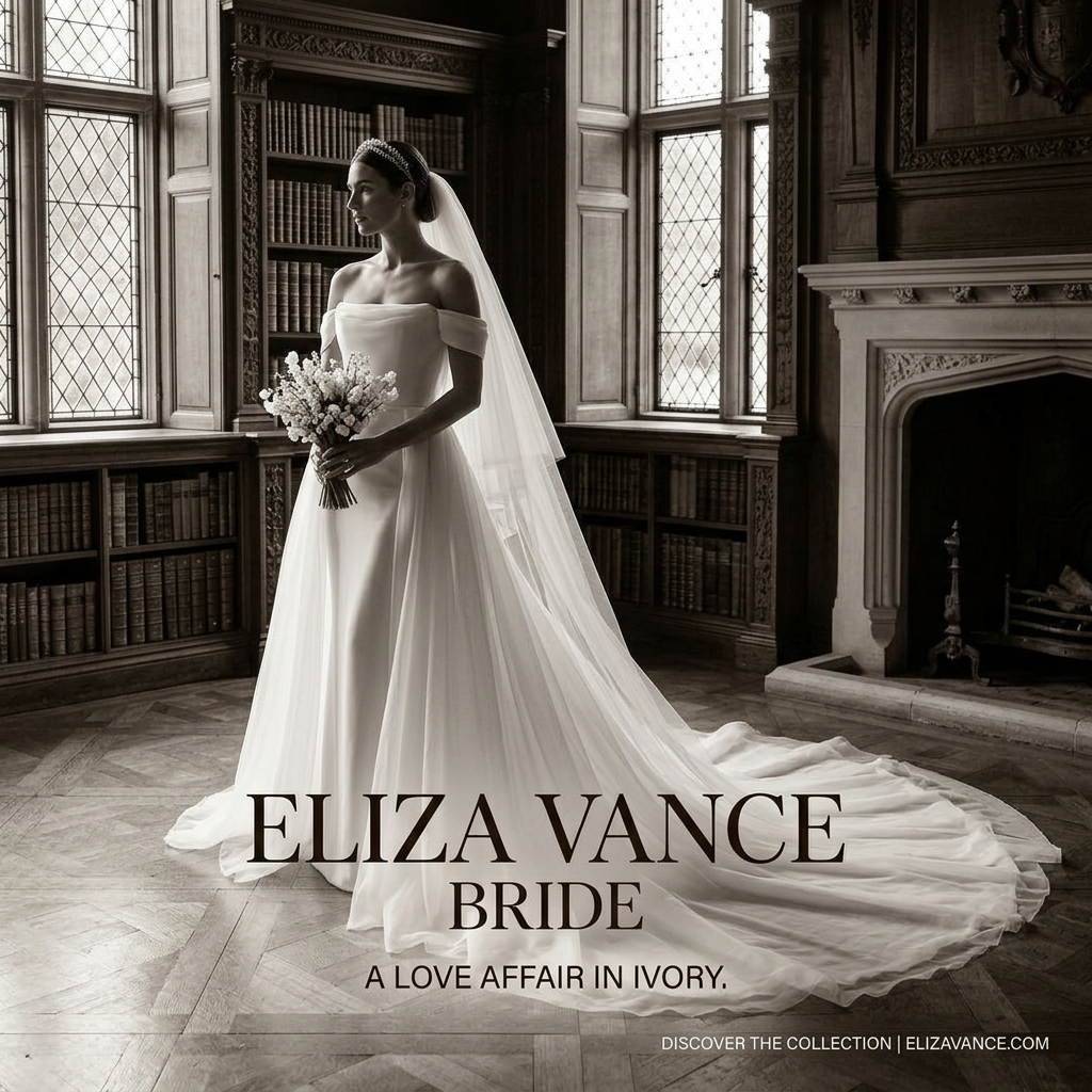 Bride in off-the-shoulder gown with long veil and train holding a bouquet in a wood-panelled library, sepia toned