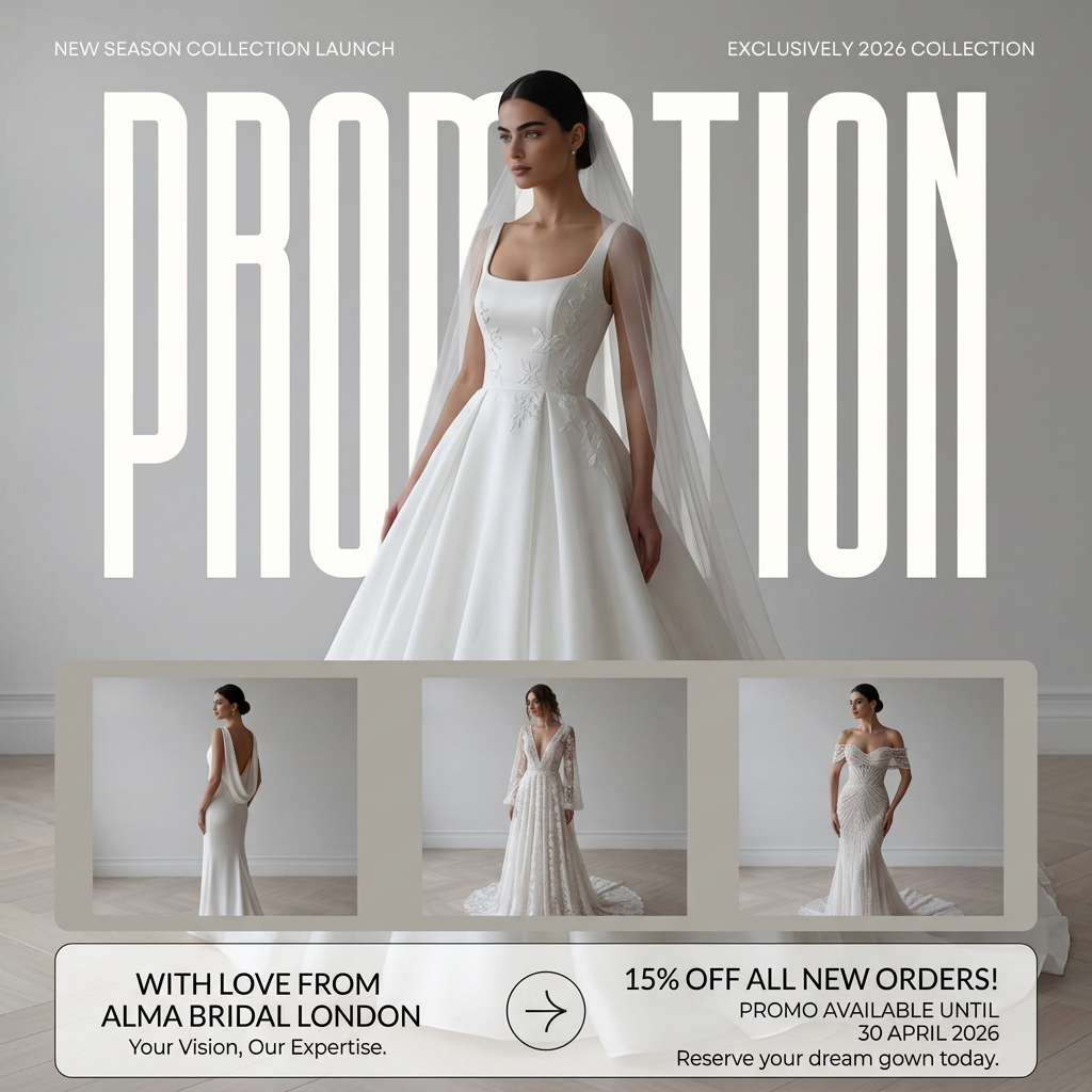 Bride in satin ball gown and veil in front of large PROMOTION text, three gown thumbnails and 15% off offer panel