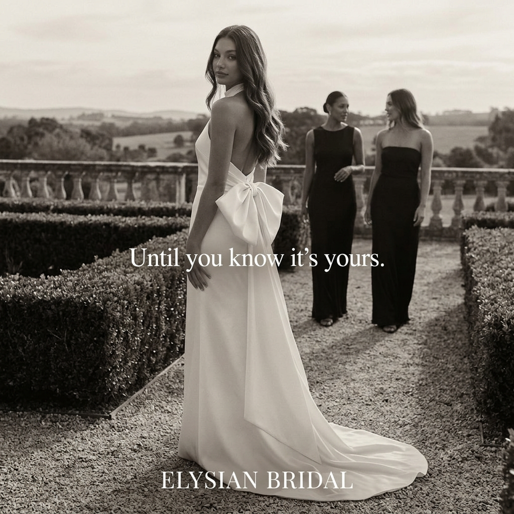Bride in a halter gown with large back bow looking over her shoulder, two bridesmaids in black in a formal garden