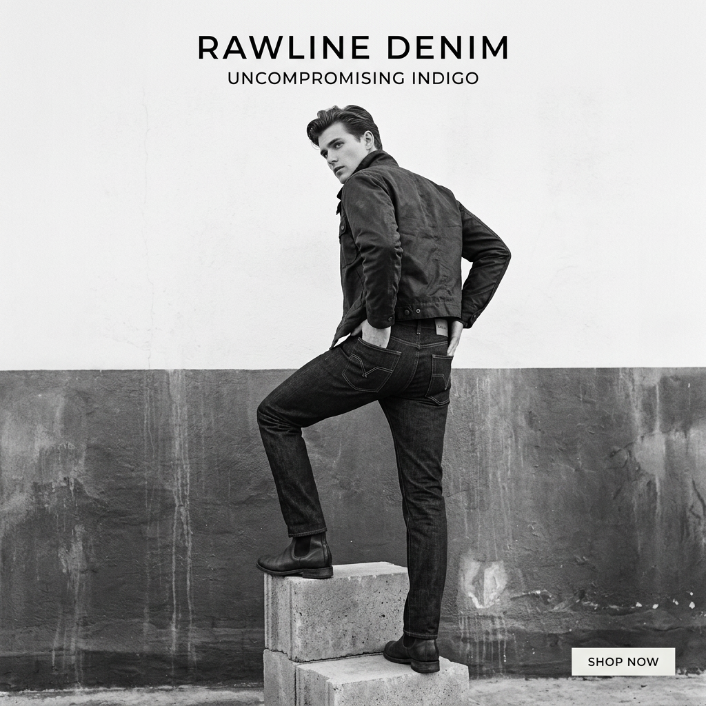 Black and white ad of a man in raw denim jeans and jacket, one foot on a concrete block, Rawline Denim headline