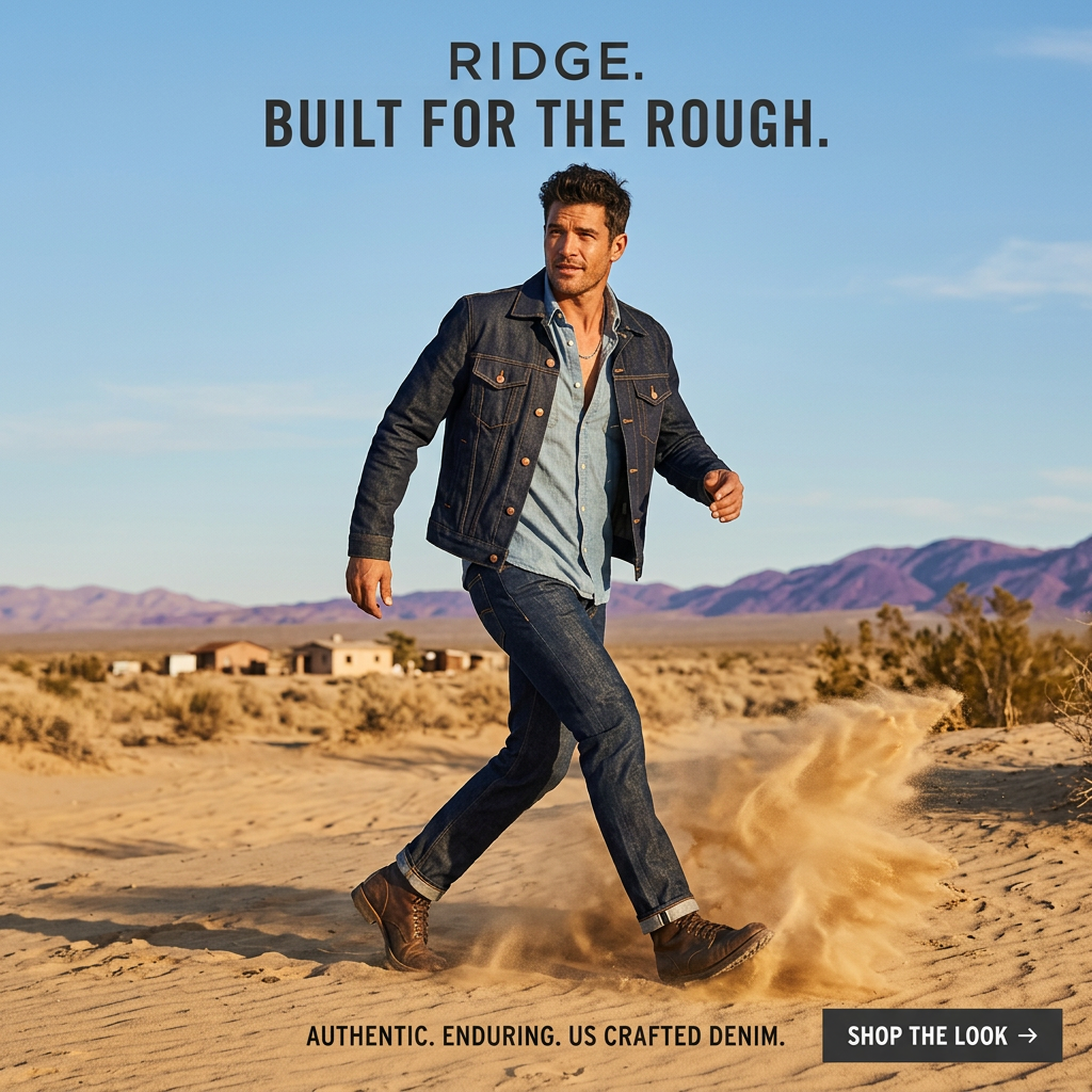 Man walking through a desert in a raw denim jacket and cuffed selvedge jeans, sand flying, Ridge headline above