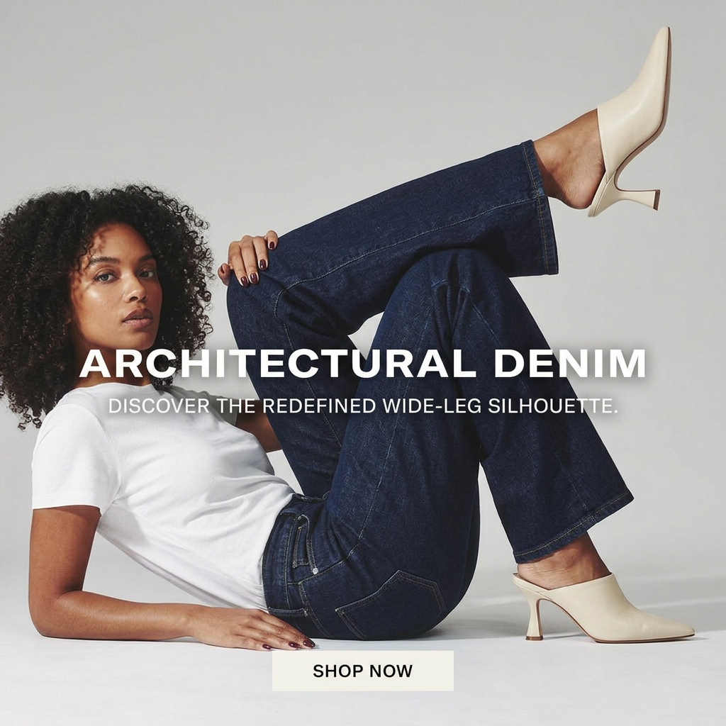 Woman reclining on a studio floor in dark wide-leg jeans, white tee and cream heeled mules, Architectural Denim headline