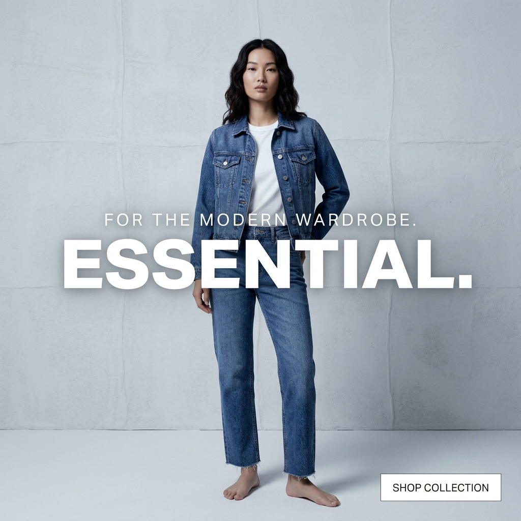 Barefoot woman in a mid-wash denim jacket, white tee and straight jeans against a pale wall, large ESSENTIAL headline