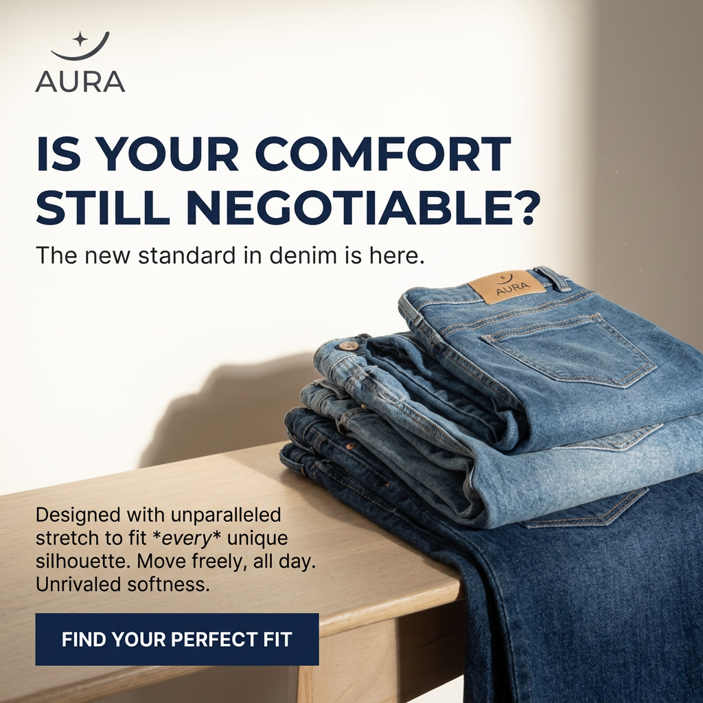 Stack of folded jeans in light and dark washes on a wooden bench with Aura logo and comfort question headline
