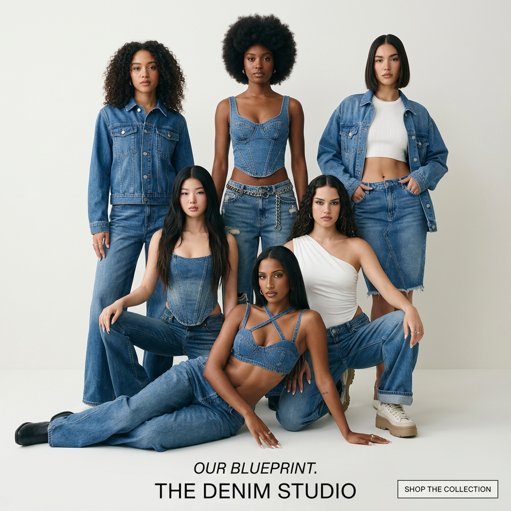 Six diverse women in denim corsets, jackets, wide-leg jeans and a skirt posing in a white studio, The Denim Studio text
