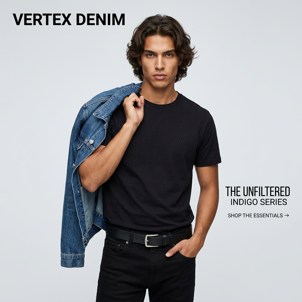 Young man in black tee and black jeans with a denim jacket over his shoulder against a light grey backdrop, Vertex Denim