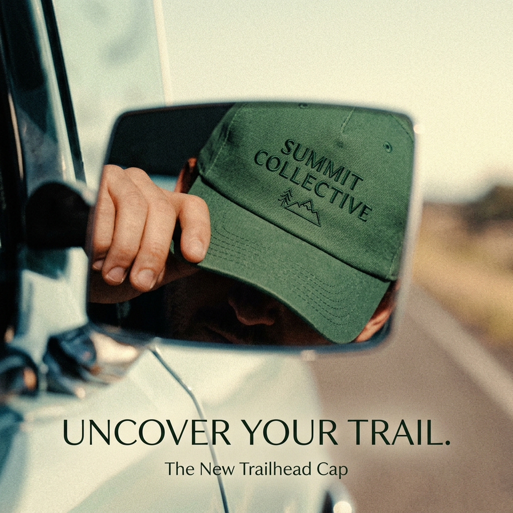 Green Summit Collective cap reflected in a car side mirror on an open road, with the headline Uncover Your Trail