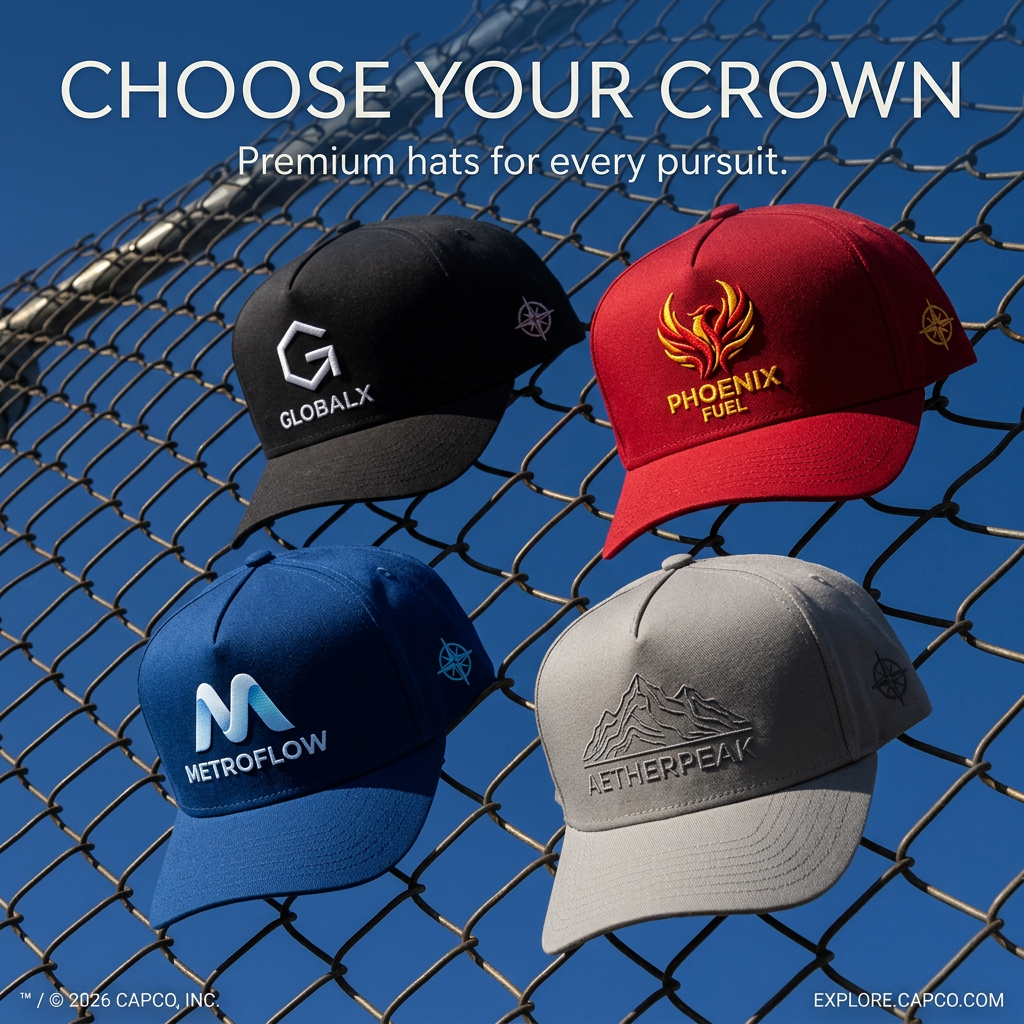 Four embroidered caps in black, red, blue and grey hanging on a chain-link fence under a blue sky, headline Choose Your Crown