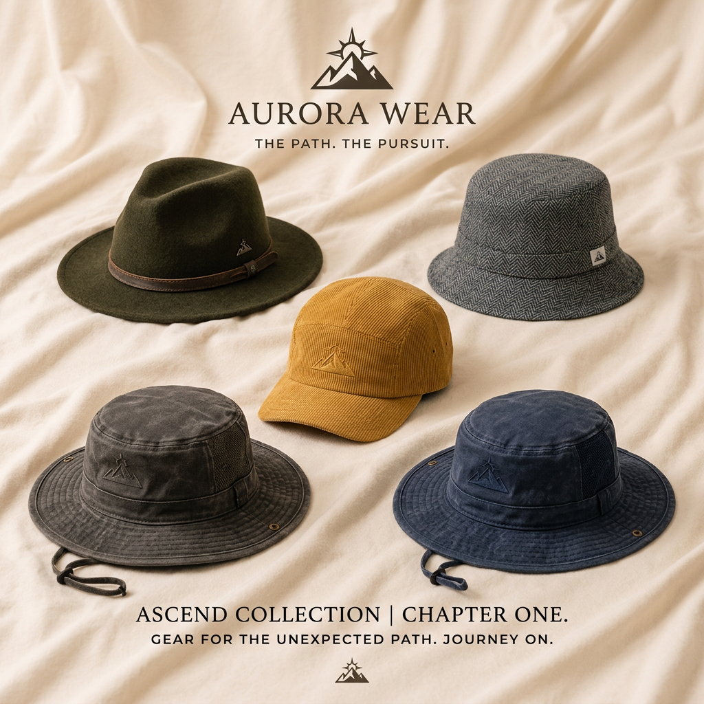 Five outdoor hats including a green fedora, herringbone bucket hat and mustard corduroy cap laid out on cream linen