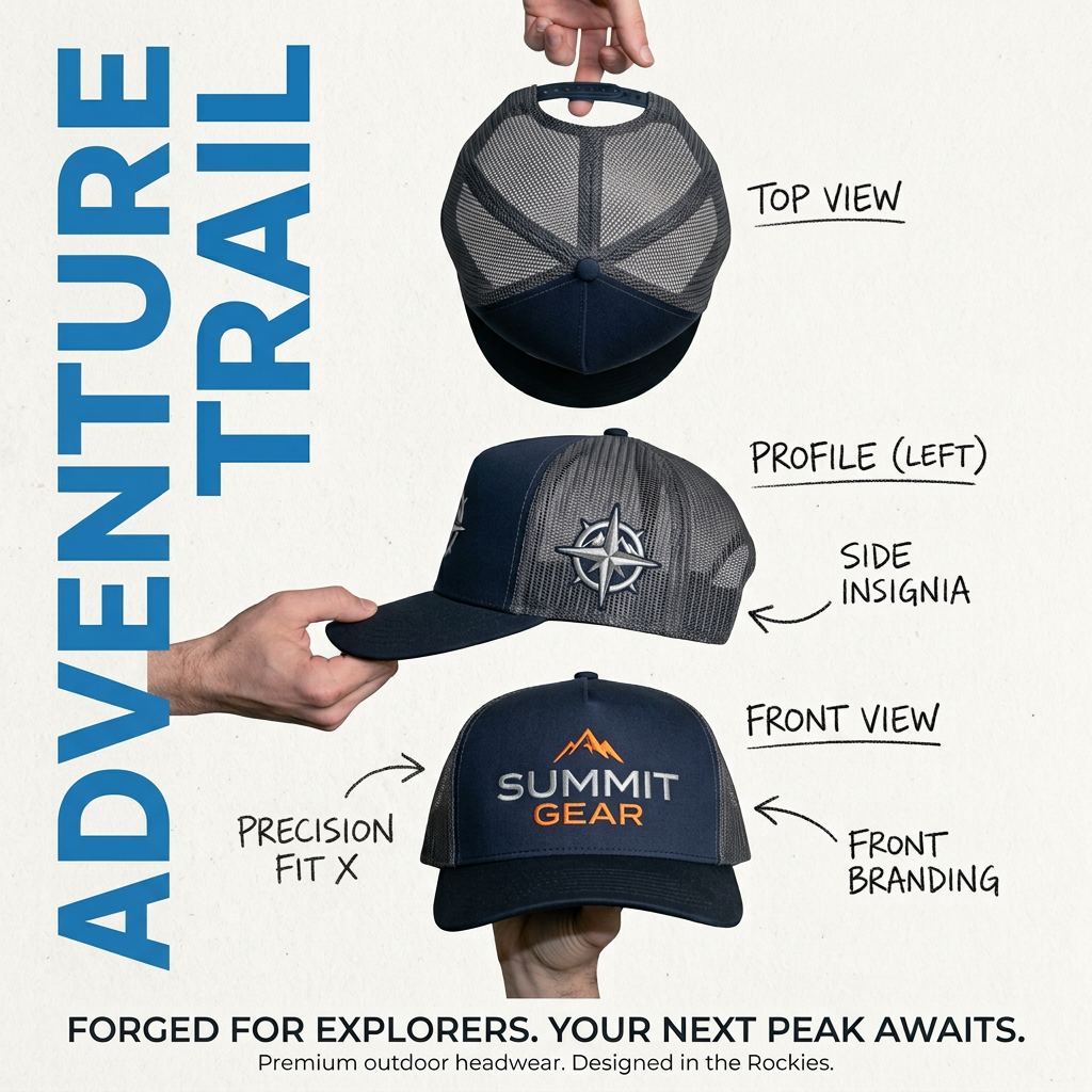 Navy and grey mesh trucker cap shown from top, side and front views with handwritten callouts for fit, insignia and branding