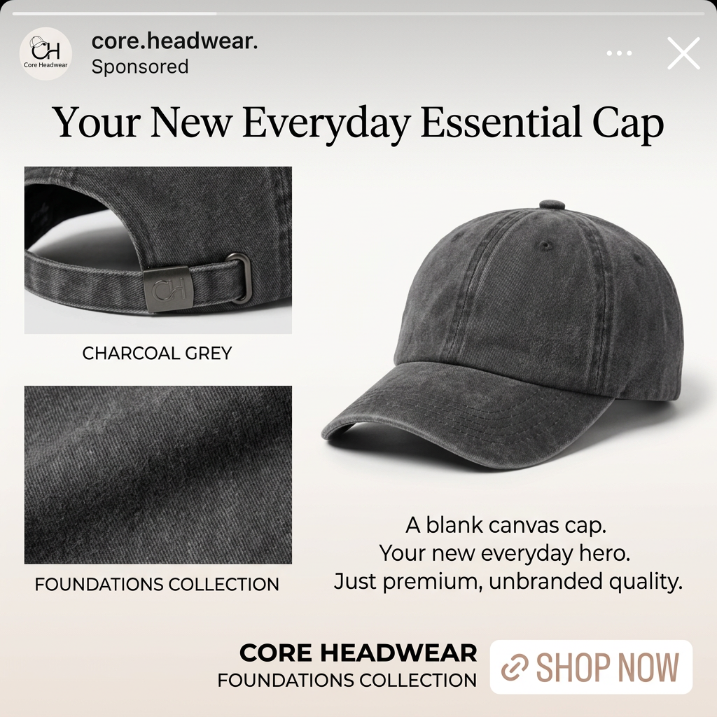 Washed charcoal cap with close-ups of the metal buckle strap and fabric texture, headline Your New Everyday Essential Cap