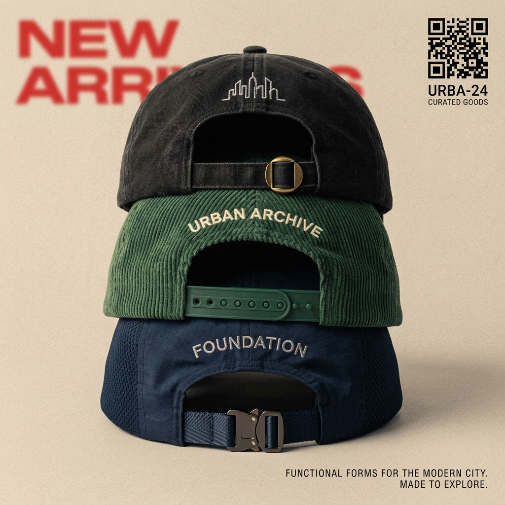 Three caps stacked and shown from the back in black, green corduroy and navy, with blurred New Arrivals text and a QR code