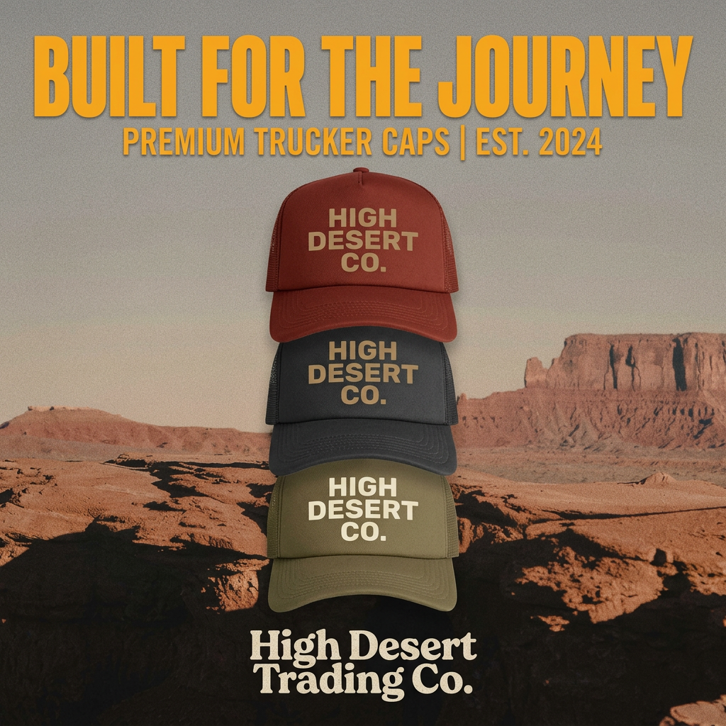 Three trucker caps in rust, charcoal and olive stacked over a red desert landscape with the headline Built for the Journey