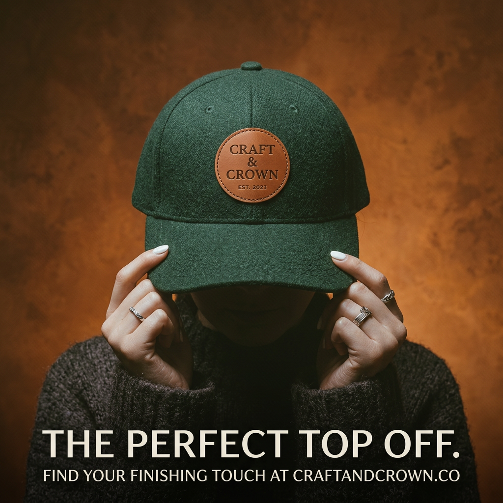 Woman pulling a green wool cap with a round leather Craft & Crown patch over her eyes against an orange backdrop