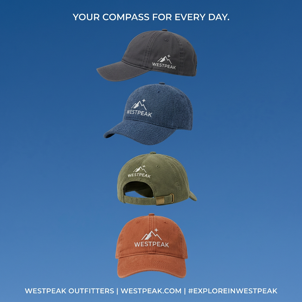 Four Westpeak caps in grey cotton, navy herringbone, olive corduroy and orange washed cotton floating on a blue background