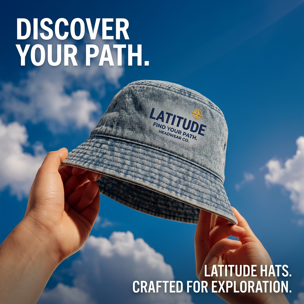 Two hands lifting an acid-wash denim bucket hat with the Latitude logo into a cloudy blue sky, headline Discover Your Path