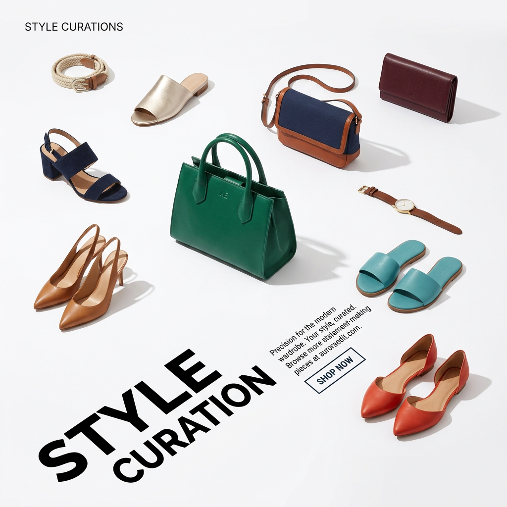 White flat lay of a green tote, navy crossbody, heels, sandals, flats, belt and watch with bold 'Style Curation' text