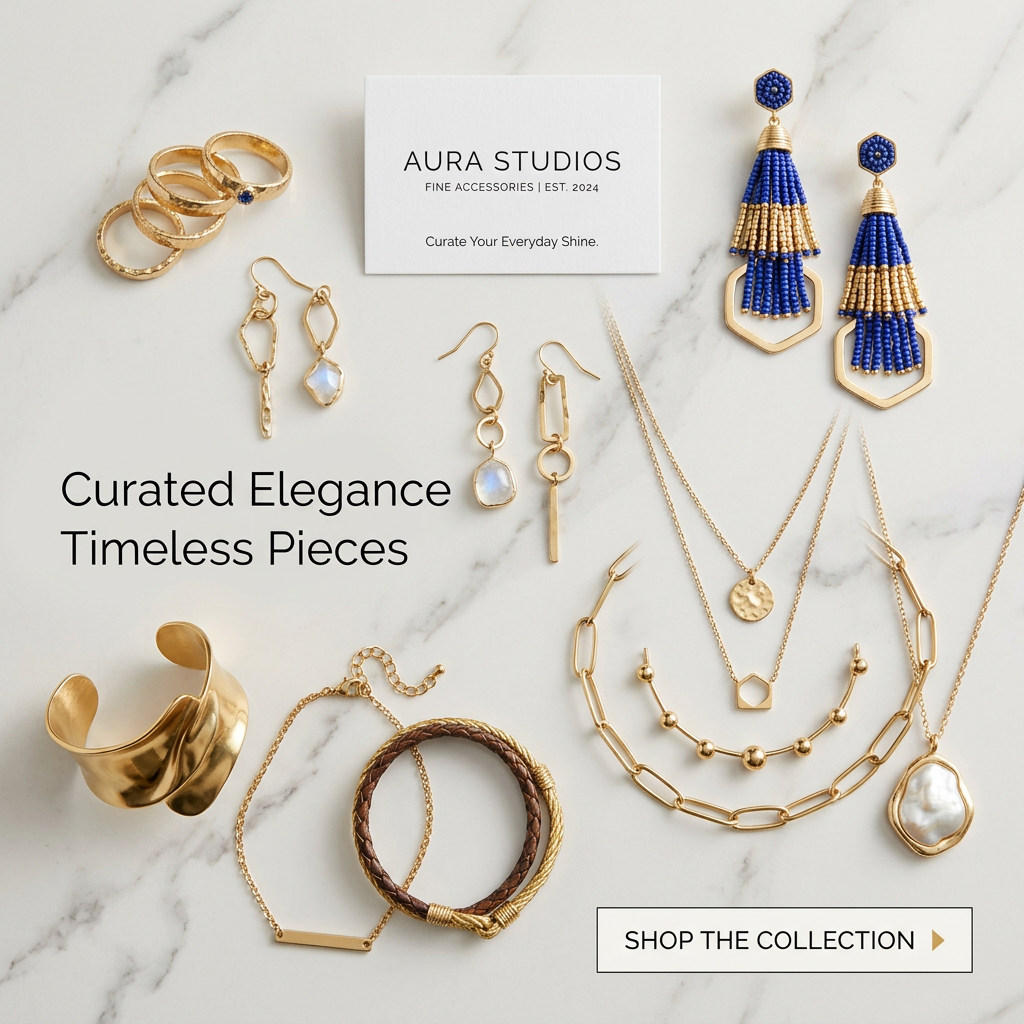 Gold jewelry flat lay on marble: rings, moonstone and blue tassel earrings, necklaces, a cuff and an Aura Studios card