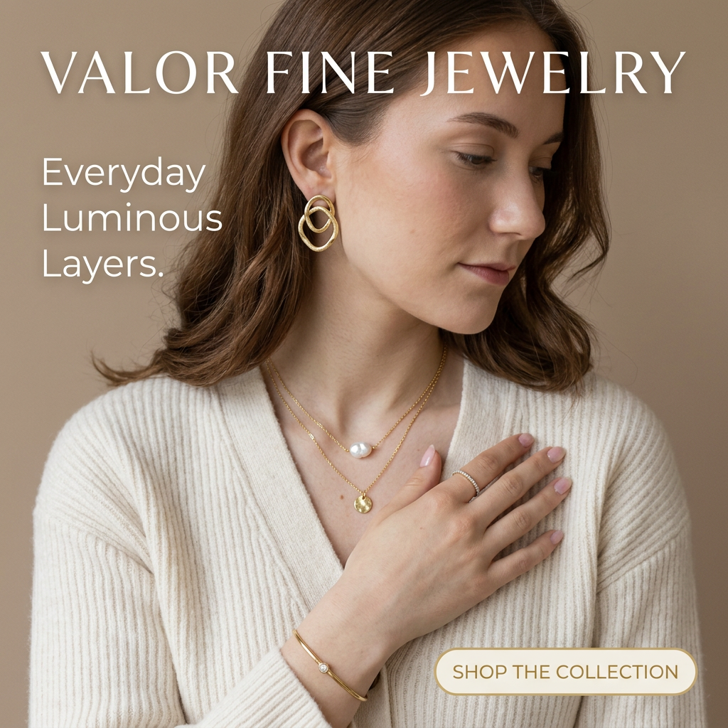 Woman in a cream knit cardigan wearing layered gold necklaces, pearl pendant, gold hoop earrings, rings and a thin bangle
