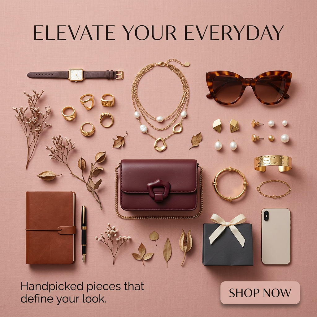 Blush pink flat lay with a burgundy bag, gold rings, pearl necklace, sunglasses, watch, notebook, phone and gift box