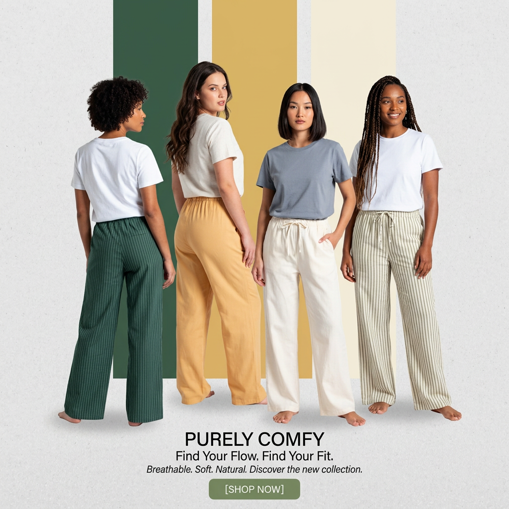 Four diverse women in green, yellow, cream and striped wide-leg pants with tees, standing before matching colour stripes