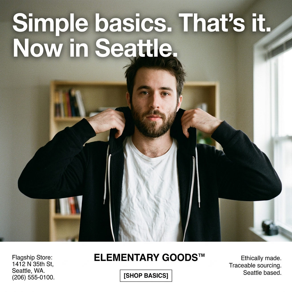 Bearded man in a black zip hoodie and white tee in a bright room, with text announcing a Seattle store and address