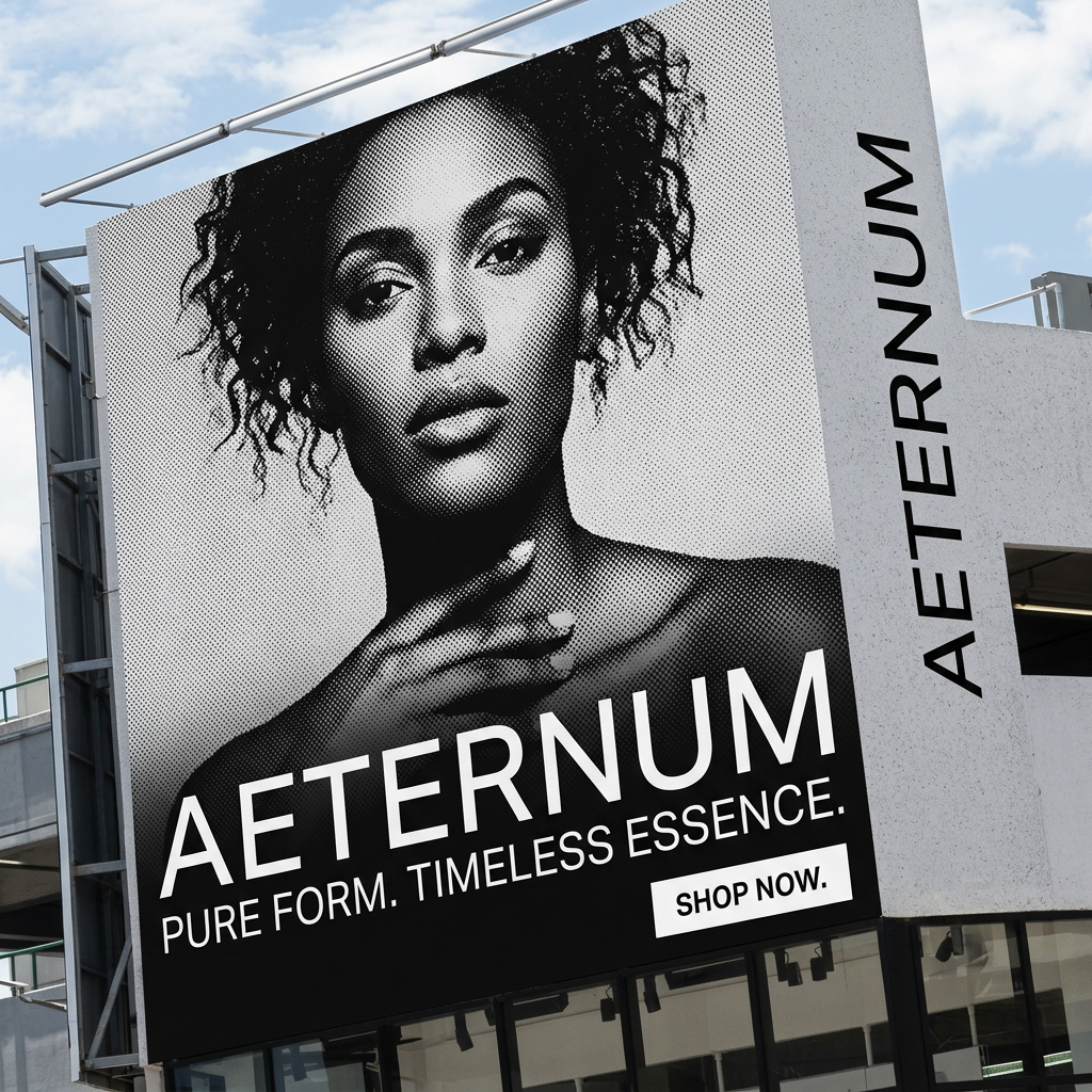 City billboard with a black and white halftone portrait of a woman and the text AETERNUM, Pure Form. Timeless Essence.