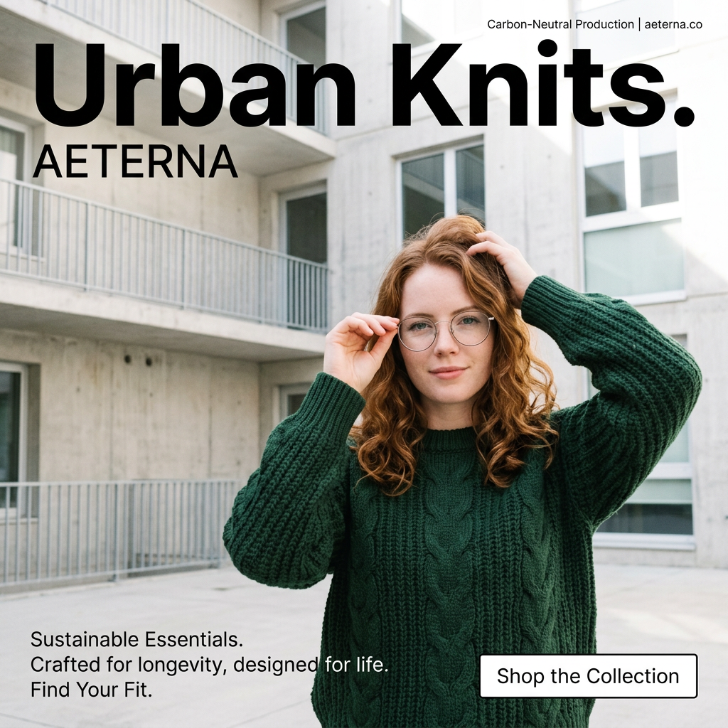 Red-haired woman in round glasses and a green cable-knit sweater in a concrete courtyard, with the headline Urban Knits