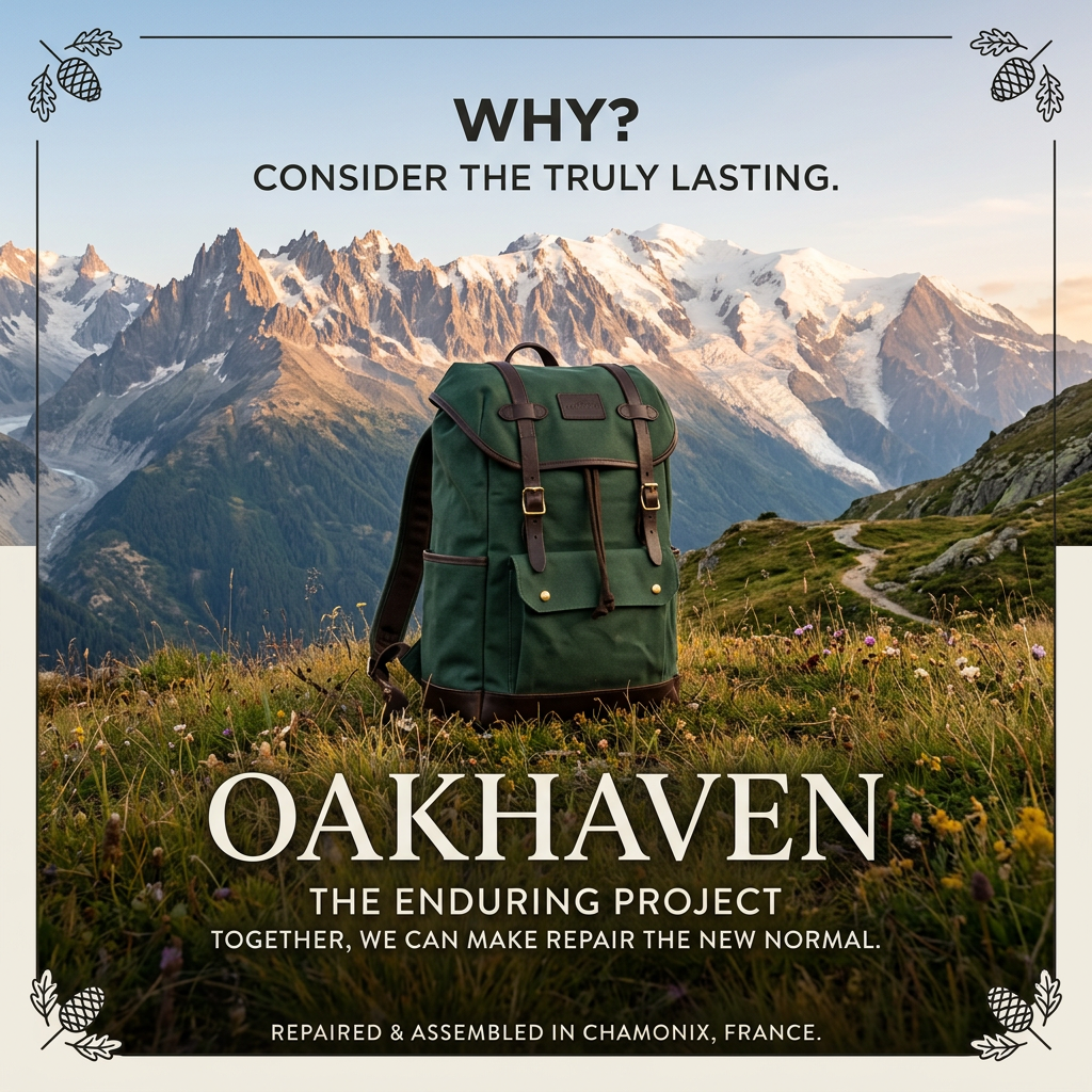 Green canvas backpack with leather straps in an alpine meadow below snowy peaks, in a framed Oakhaven poster layout