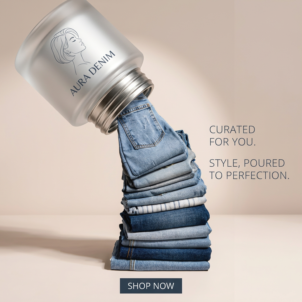 Folded jeans in light to dark washes pouring from a frosted Aura Denim jar onto a stack, beige backdrop, Shop Now button