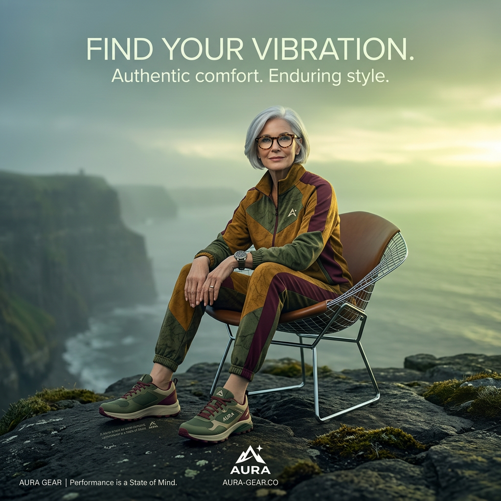 Silver-haired woman in an olive, mustard and burgundy tracksuit and sneakers sits on a wire chair on a misty sea cliff