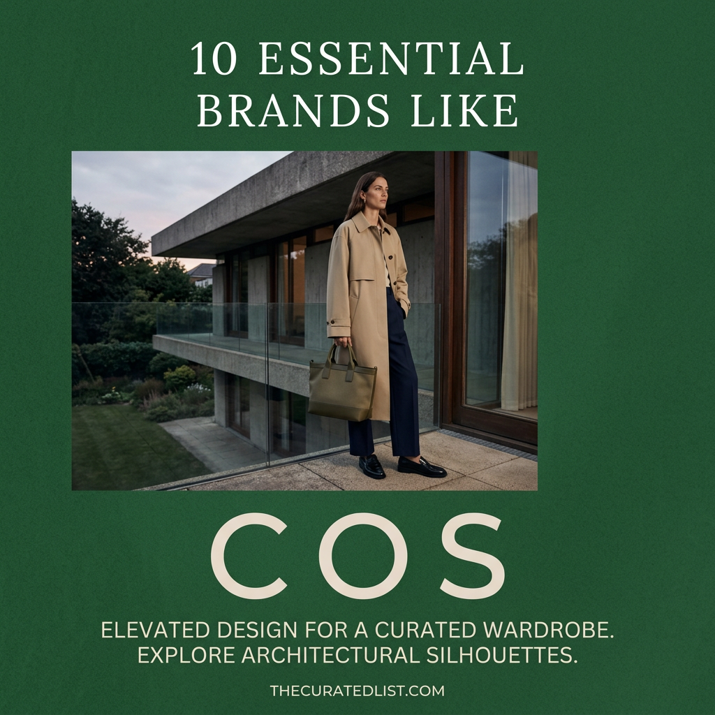 Woman in a camel trench and navy trousers on a concrete terrace, framed on green with 10 Essential Brands Like COS text