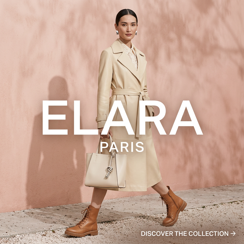 Model in a belted cream leather trench coat with a cream tote and tan lace-up boots walks past a pink wall with leaf shadows