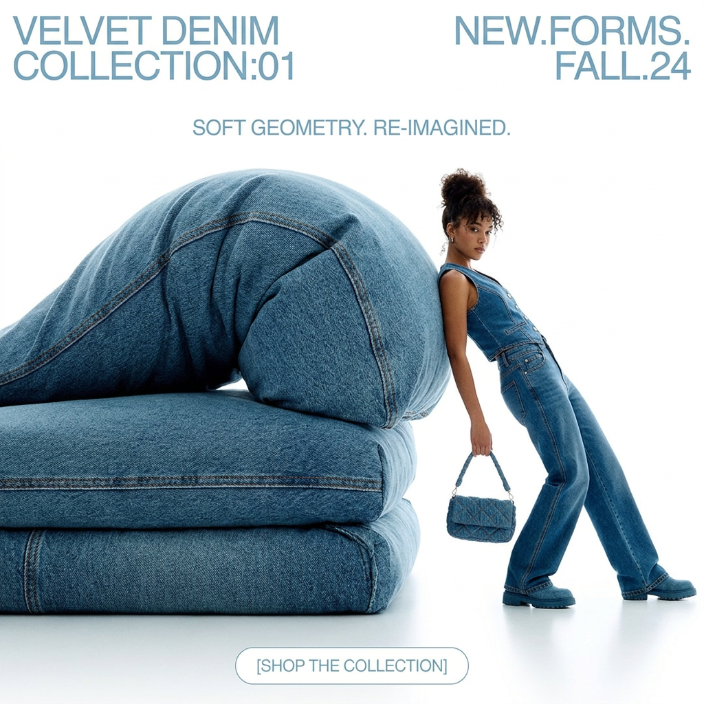 Model in a denim vest and jeans leans back against a giant folded denim cushion sculpture on a white background