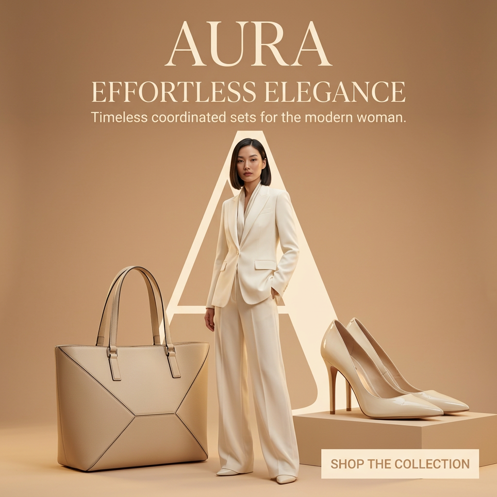 Model in a cream suit before a large letter A, with a beige tote on the left and cream patent heels on a plinth
