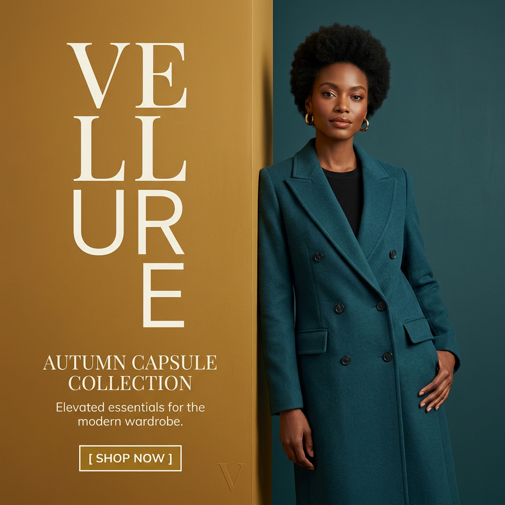 Model in a long teal double-breasted wool coat leans on a mustard panel with stacked Vellure lettering