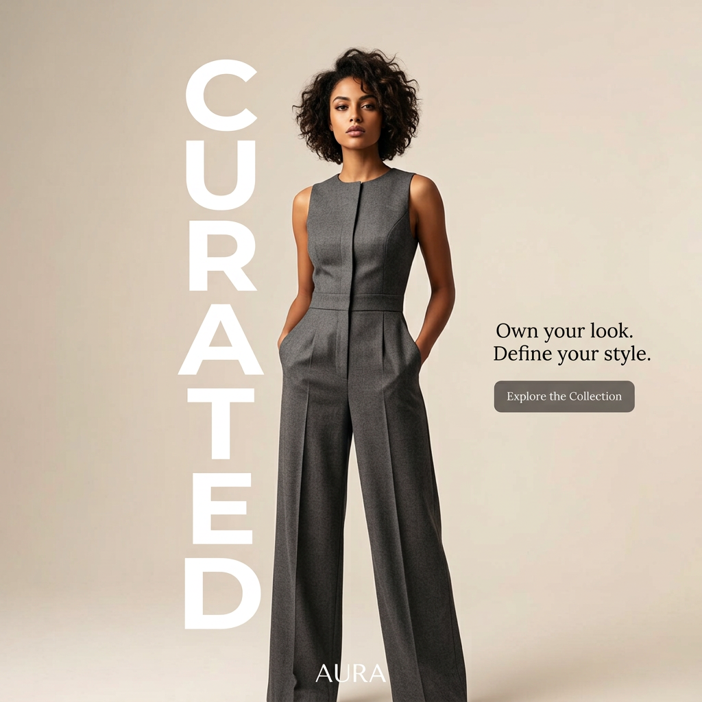 Model in a sleeveless grey wide-leg jumpsuit, hands in pockets, beside large white vertical CURATED text