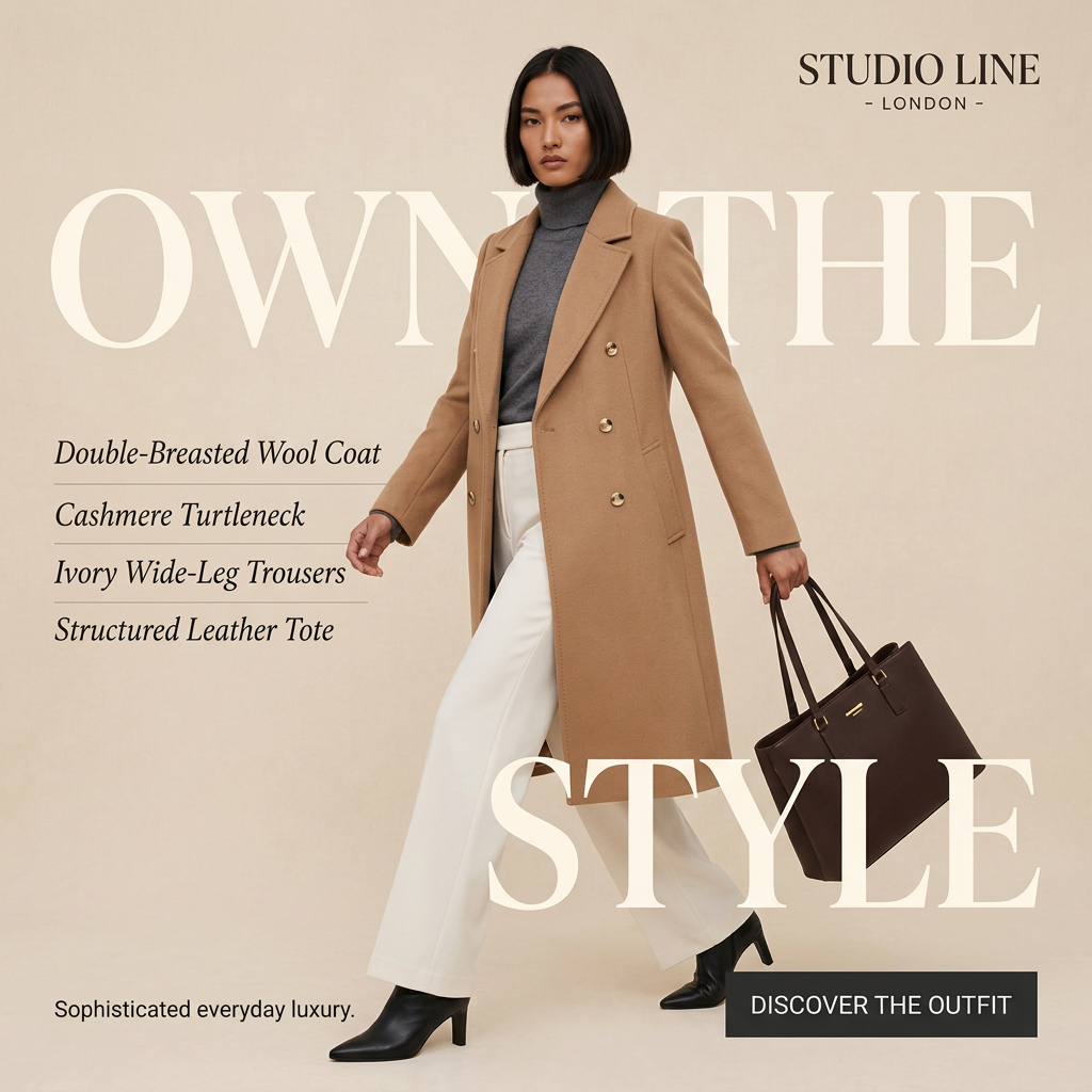 Model in a camel coat and ivory wide-leg trousers walks with a brown tote beside a list of the outfit pieces
