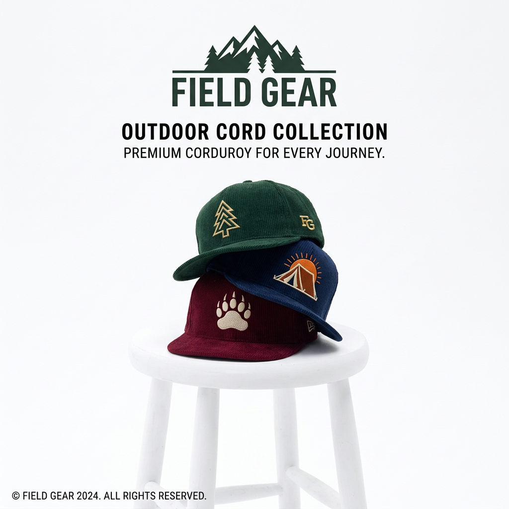 Three corduroy caps in green, navy and burgundy with outdoor embroidery stacked on a white stool under the Field Gear logo
