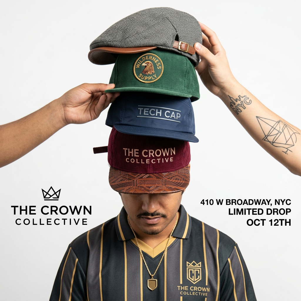 Model in striped jersey wearing five stacked caps as two tattooed arms adjust them, with Crown Collective drop date in NYC