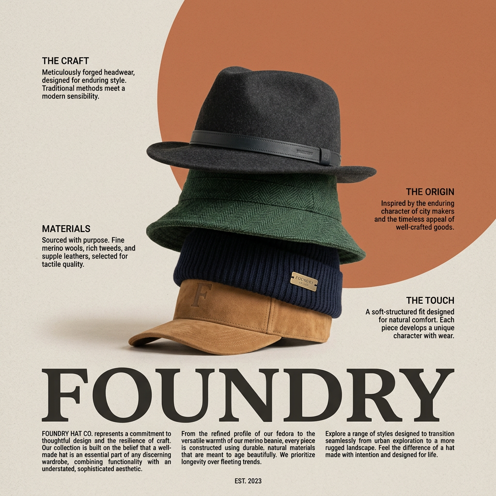 Stack of a charcoal fedora, green tweed bucket hat, navy beanie and tan suede cap with Foundry craft callouts and serif logo