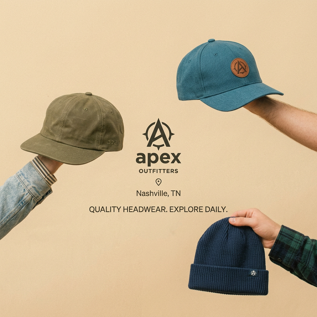 Three hands holding an olive waxed cap, teal cap with leather patch and navy beanie around the Apex Outfitters logo