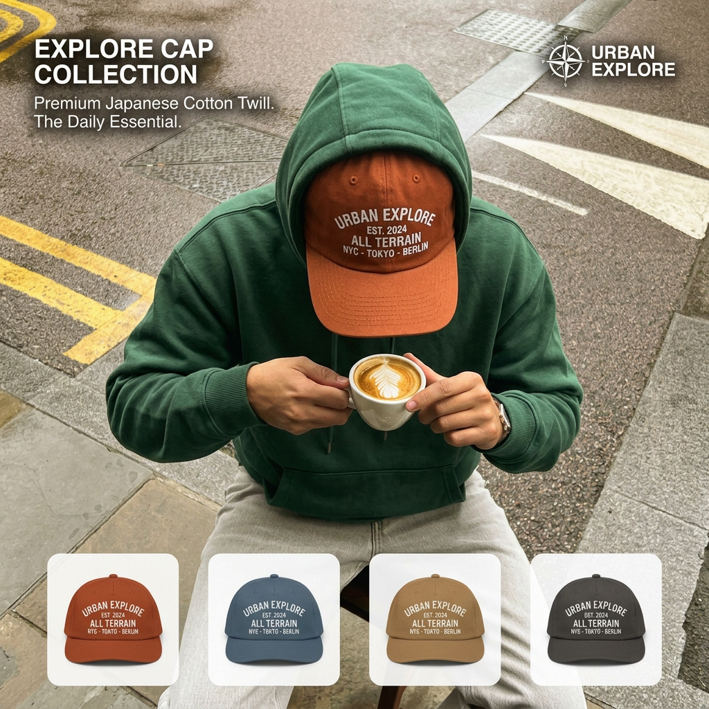 Top-down shot of a person in a green hoodie and orange Urban Explore cap holding a latte, above four cap colour thumbnails