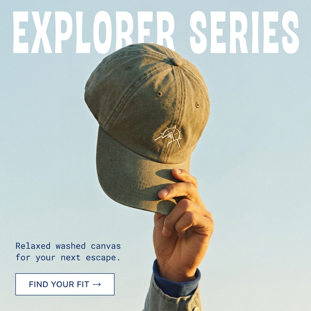 Hand holding a washed olive canvas cap with a white mountain-sun emblem against a blue sky under the words Explorer Series