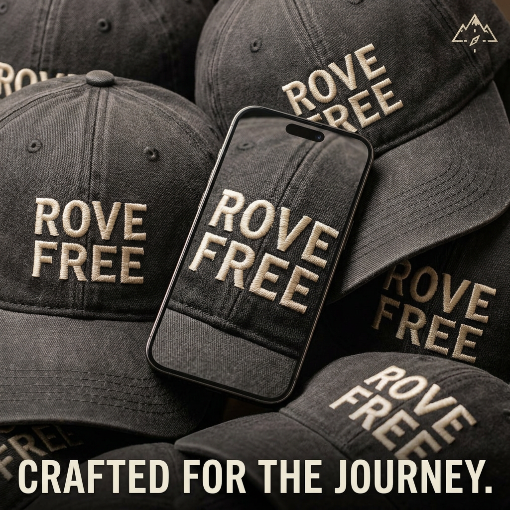 Pile of washed black caps embroidered ROVE FREE with a phone on top showing the same cap and Crafted for the Journey text