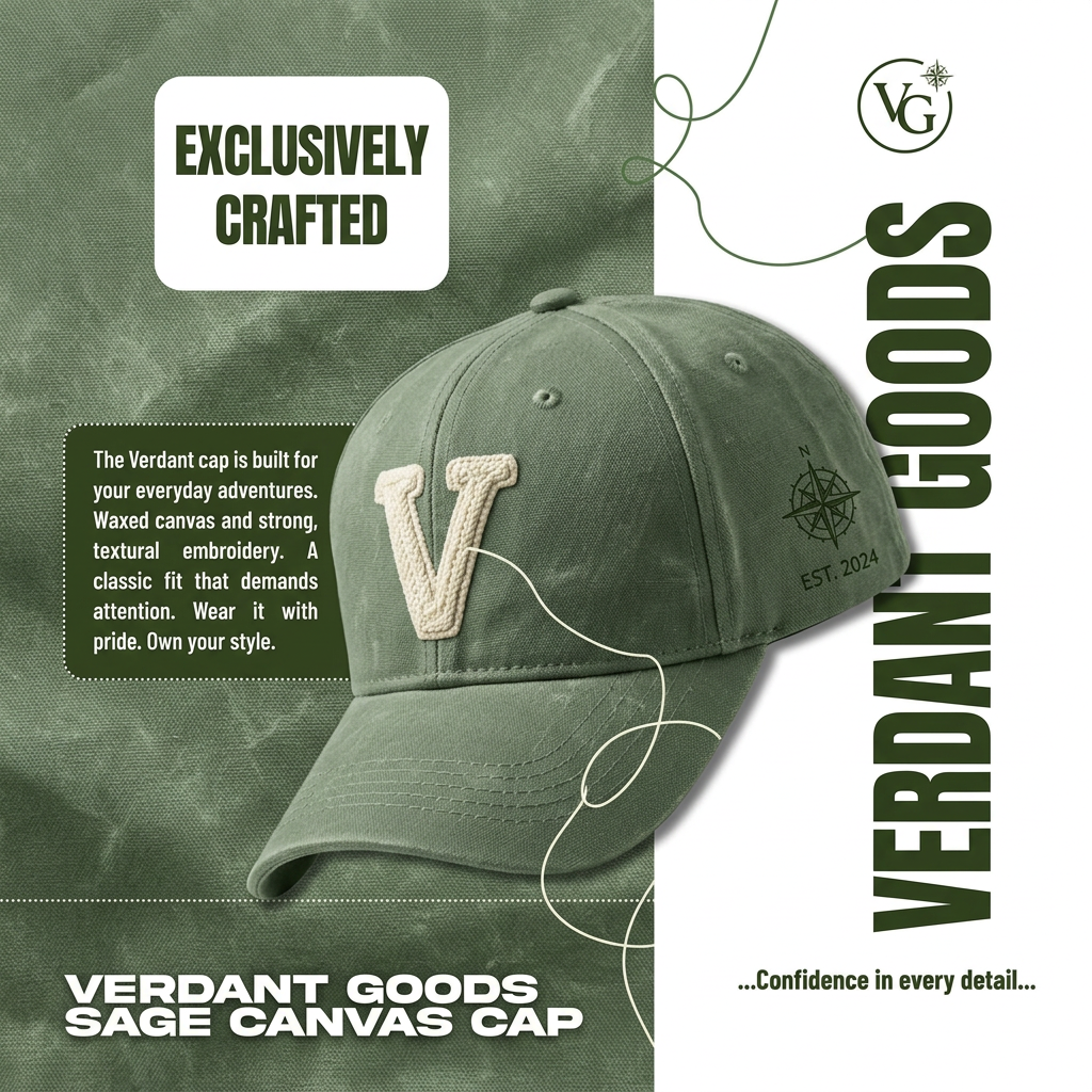 Sage green waxed canvas cap with cream chain-stitch V patch on a split green and white layout with Verdant Goods text