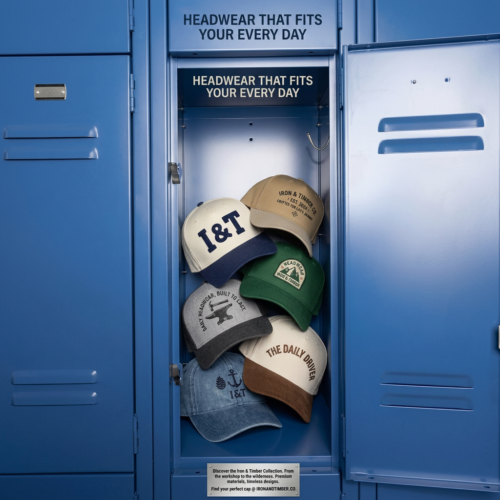 Seven caps in navy, tan, green, grey, cream and denim hanging in an open blue locker with Iron & Timber headline and plaque