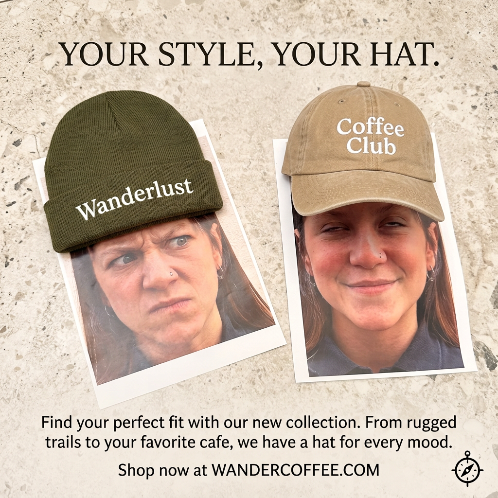 Olive Wanderlust beanie on a printed photo of a frowning woman and tan Coffee Club cap on a photo of her smirking